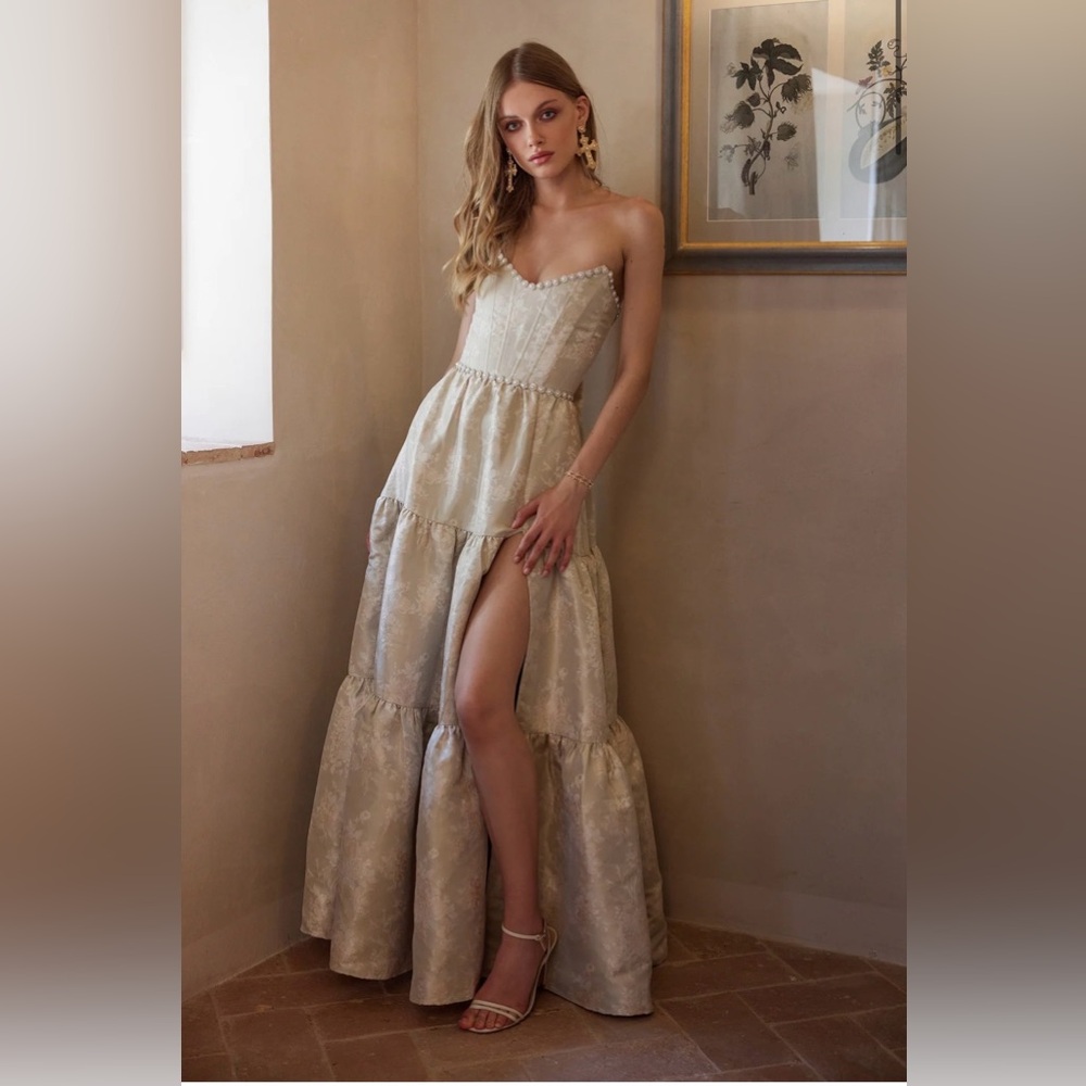 V. Chapman The Vivian Dress in Taupe Windsor Brocade